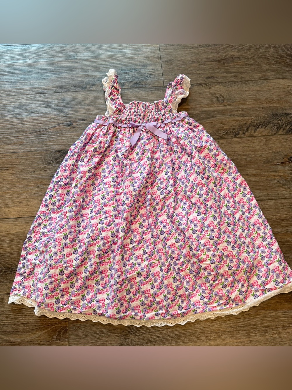 Little Angels by Us Angels Pink Floral Smocked Dress with Eyelet Lace Trim
